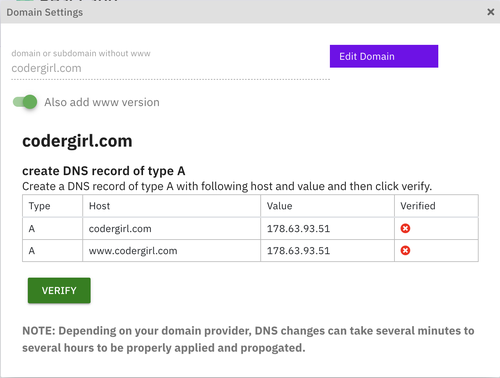 DNS record of A type for new domain
