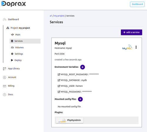 mysql service added in page