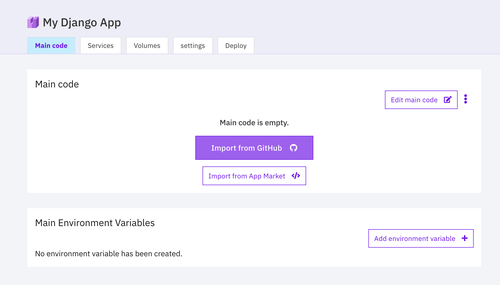 options for the newly created app