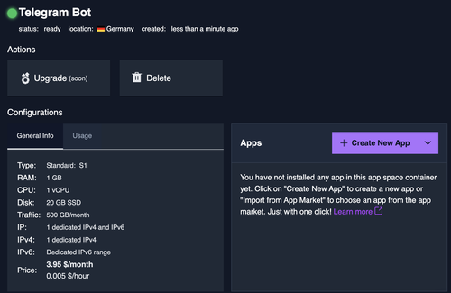 telegram bot app space created