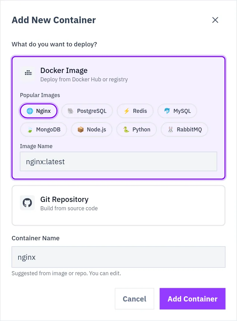 The Add New Container dialog with the Nginx image chosen