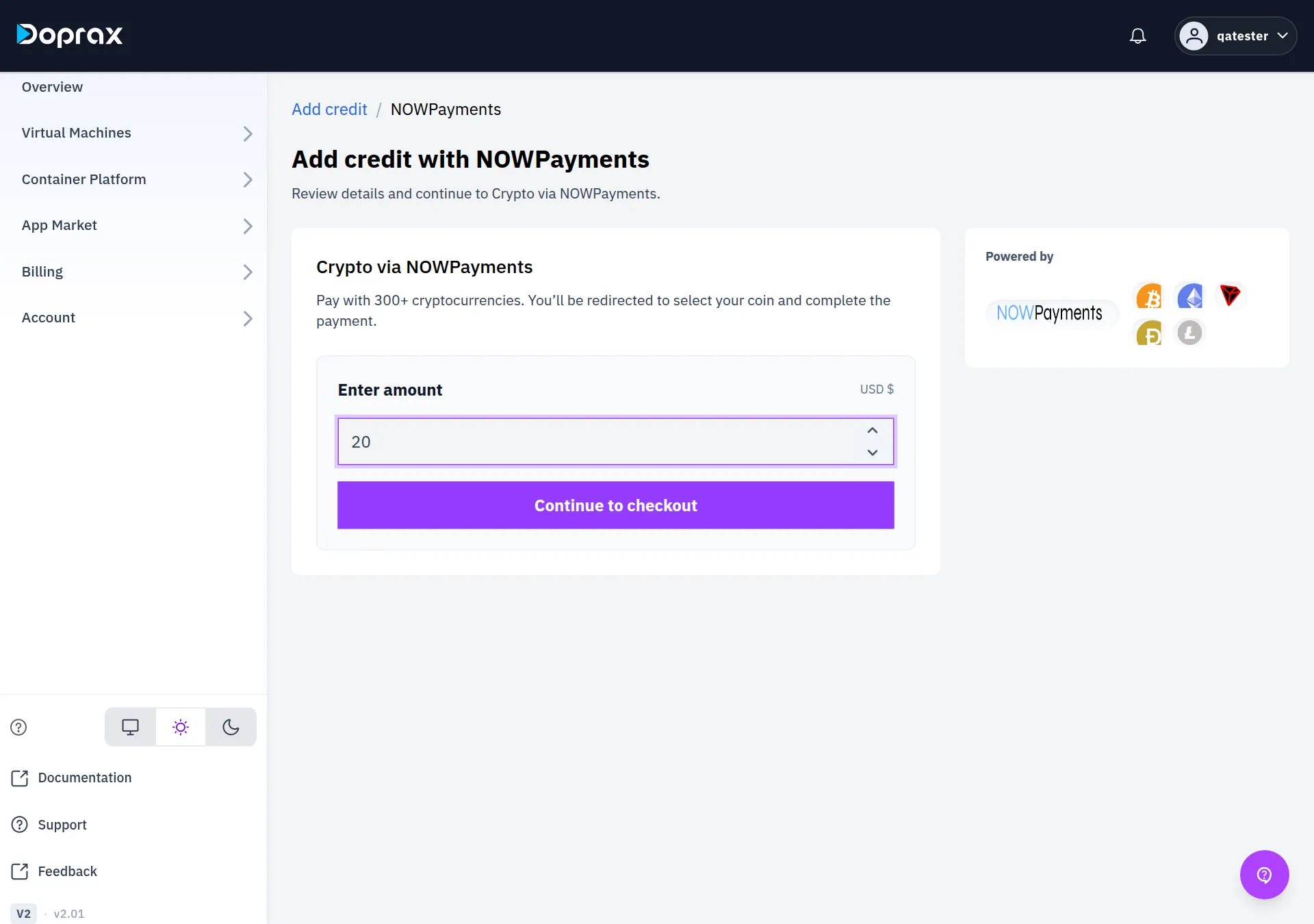 The Crypto via NOWPayments checkout with an amount typed under Enter amount and the Continue to checkout button