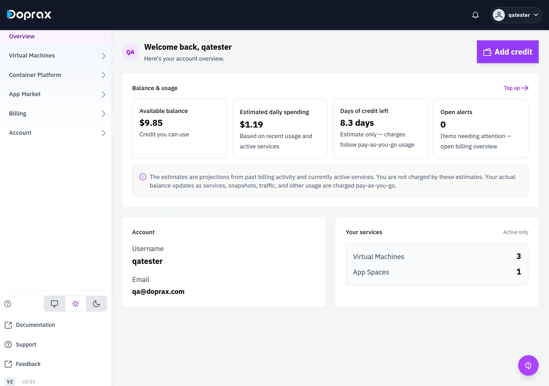 The Overview screen of a new account with the whole left menu visible