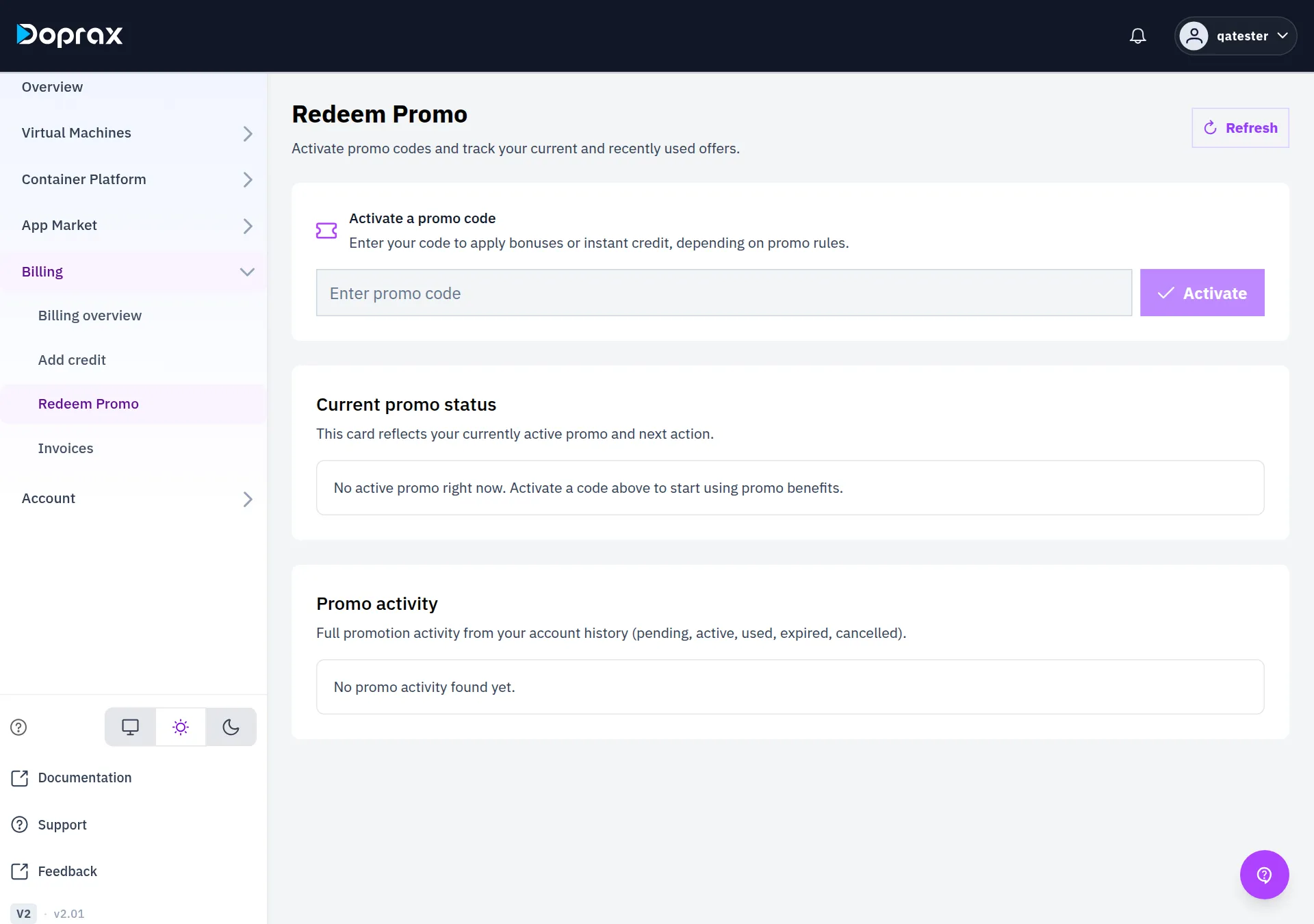 The Activate a promo code field with the Activate button, Current promo status and Promo activity, ideally with one entry in Promo activity