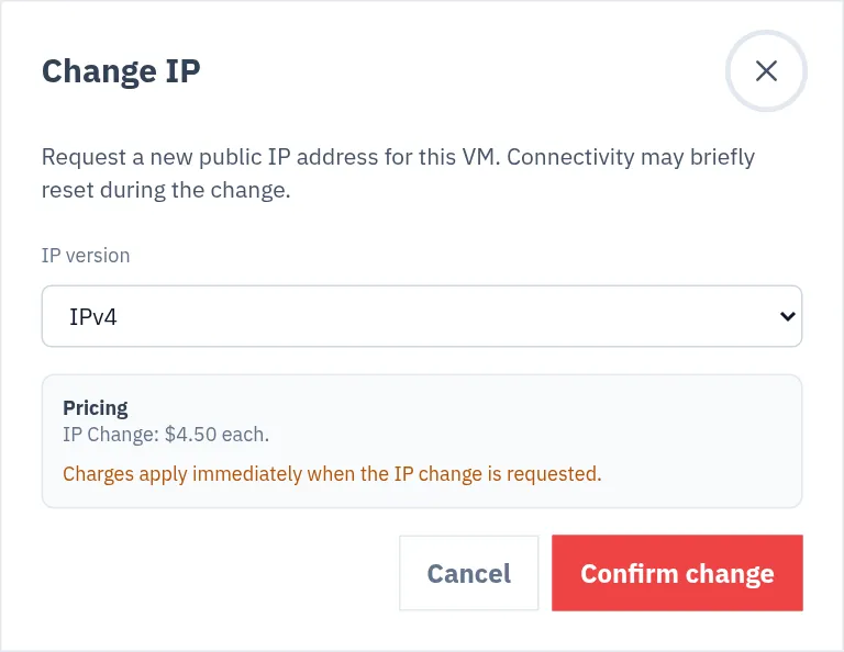 The Change IP dialog of a Hetzner VM with the IP version field, the Pricing box and Confirm change
