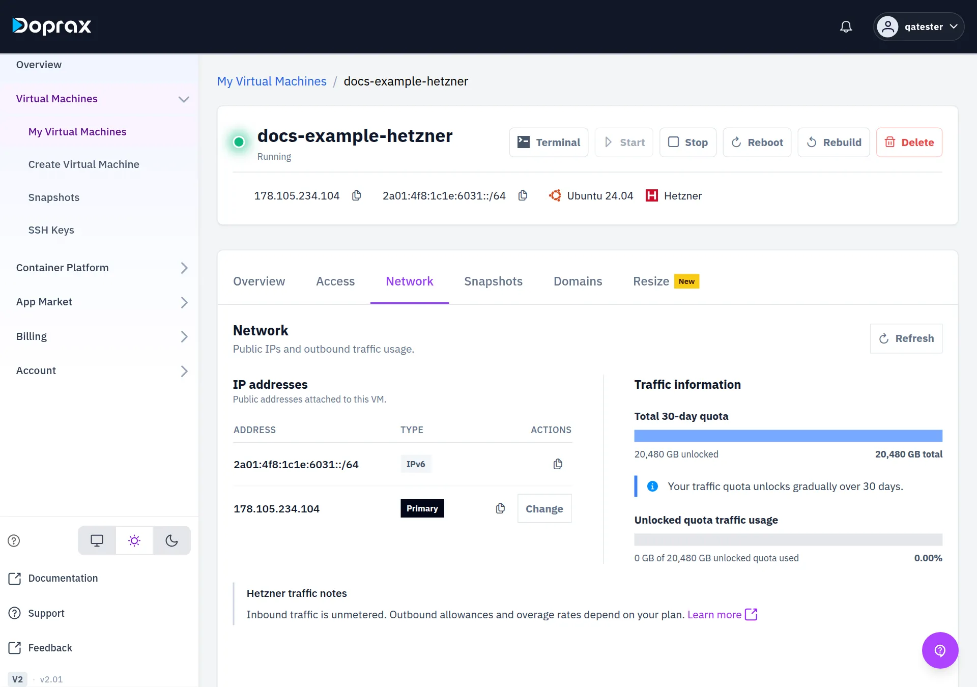 The Traffic information block with Total 30-day quota and Unlocked quota traffic usage