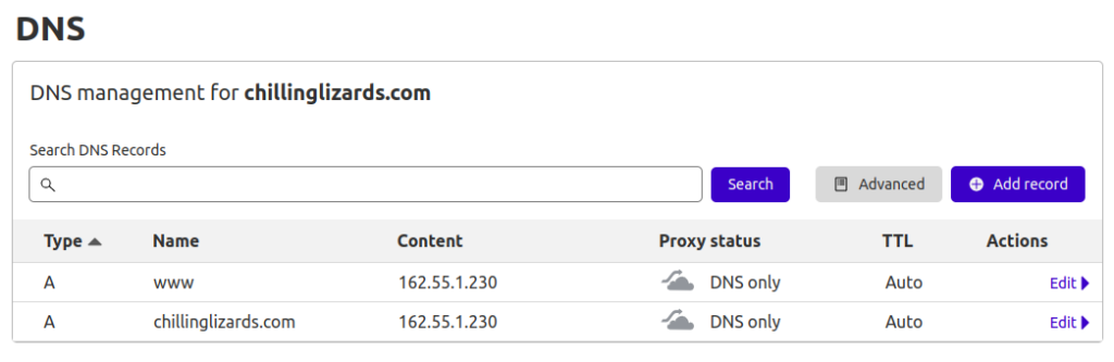 Add A records in Cloudflare DNS management 
