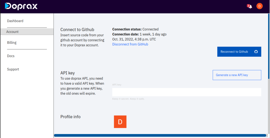 Connect your Doprax account to GitHub. Doprax platform is using docker.