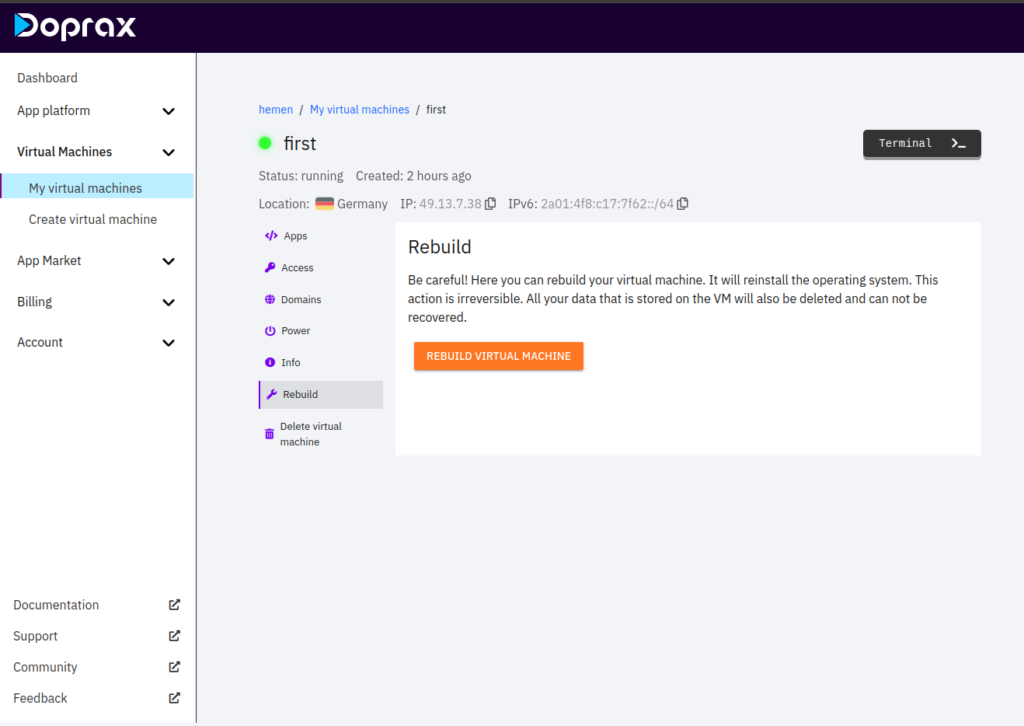 Rebuild virtual machine on Doprax